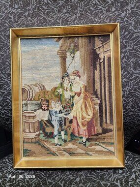 Vintage Framed Fine Needlepoint - 18th Century Scene